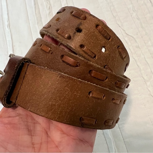 Vintage genuine leather brown belt stitches silver tone buckle size small main image 11
